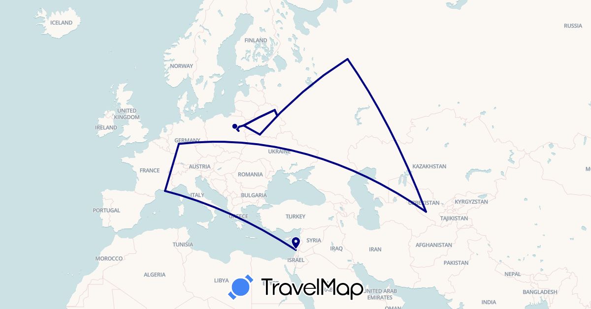 TravelMap itinerary: driving in Belarus, Germany, France, Israel, Poland, Russia, Uzbekistan (Asia, Europe)